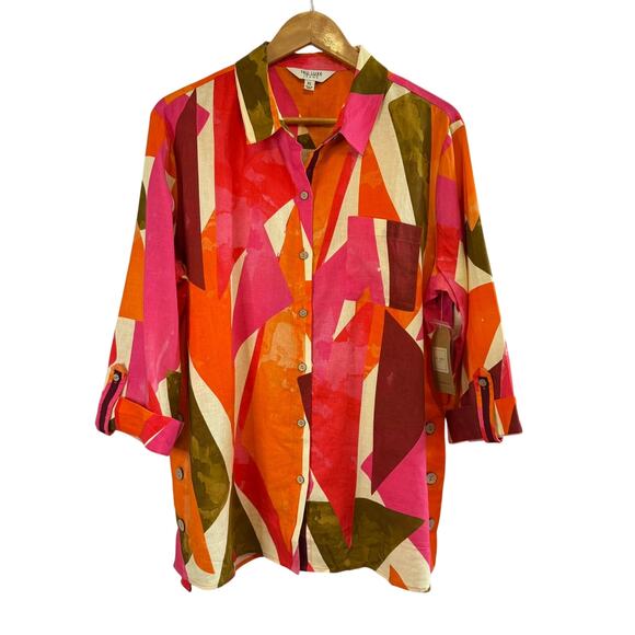 Tru Luxe Jeans XL Linen Blend Blouse NWT Abstract Colorblock Artsy Top - Picture 1 of 11